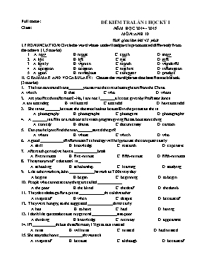 Đề kiểm tra lần 1 học kỳ I môn Tiếng Anh Lớp 10 - Năm học 2014-2015